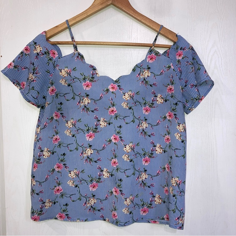Monteau Blue Floral Striped Blouse